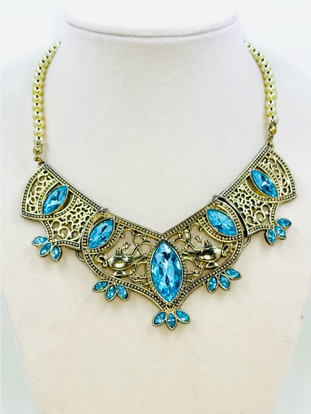 Euro Disney Golden Princess Jasmine Choker Necklace W/Aqua Blue Gems Magic Lamps